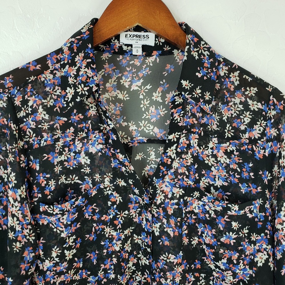 Express Portofino Blouse Shirt Women's Medium Black Floral Long Tab Sleeve - Picture 4 of 11